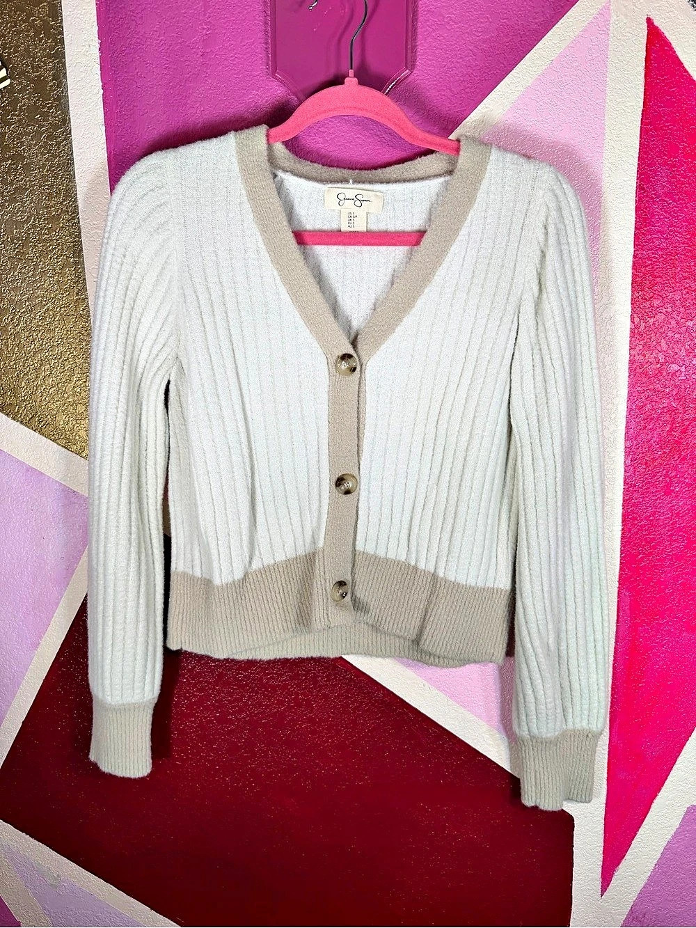 Jessica Simpson Small Cream Ribbed Cardigan Taupe Contrast Trim Tortoise Buttons